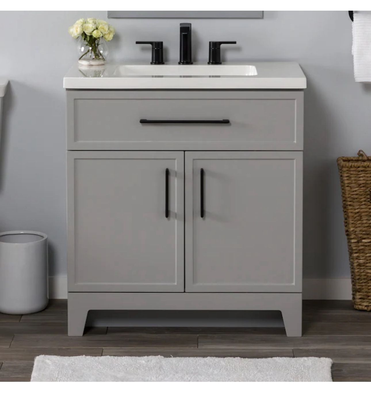 Style Selections Potter 30-in Light Gray Single Sink Bathroom Vanity with White Cultured Marble Top Check the picture for cut in the back
