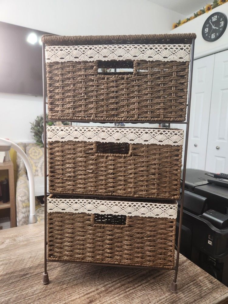 3 Drawer Wicker Storage Container With Metal Frame