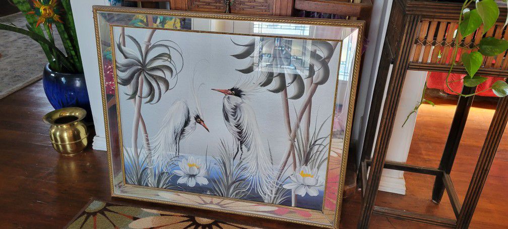 M Devoe Vintage  Mirror Art Cranes Birds Mid Century