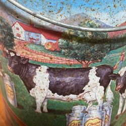 Patina Rustic Decor Spotted Dairy Cow Farm c2000 Imported Spanish Promo Tin Chupa chups Logo By Salvador Dali 