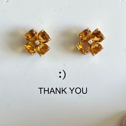 18k Authentic Yellow Gold Citrine Stud Earrings With Diamond  10.5mm