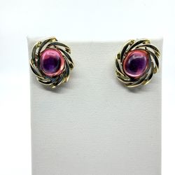 VTG Radiant Pink Cabochon Swirl Stud Earrings Gold Tone Statement Jewelry