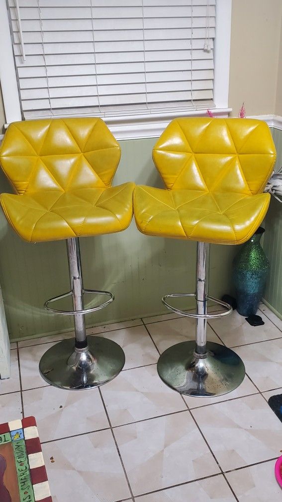 Yellow Leather Hydraulic Bar Stools