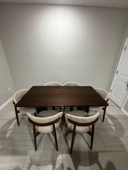 7-Piece Modern Dining Table Set – Dark Walnut & Cream Upholstered Chairs