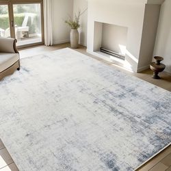 Modern White & Blue Area Rug (5x7) | Machine Washable | Brand New