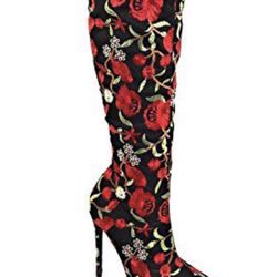 Weeboo Beverly-08 Over Knee Thigh High Heel Stitched Embroidered Pointy Toe Boot