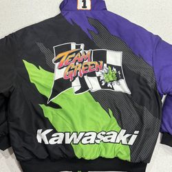 Vintage Swingster Jacket Kawasaki Racing Team Green Jacket Purple Green Size XL Stunning dual sided vintage zip up puffy jacket by Kawasaki. Treat Gre