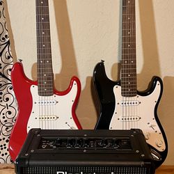 2 Fender Mini Squire Electric Guitars & Black Star Amplifier