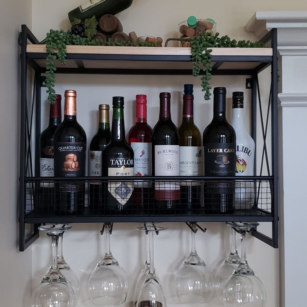 Quality Sells Wall Mount Wine Too Rack - 10 Stem Glass Holder - Metal/Wood Design - Mesh Addition - Stores up to 9 Wine Bottles