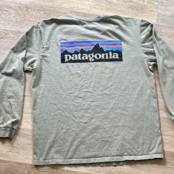 Patagonia Mens Sz Large Organic Cotton Long Sleeve T-Shirt Sage Green LOGO SPREAD spot on front 
