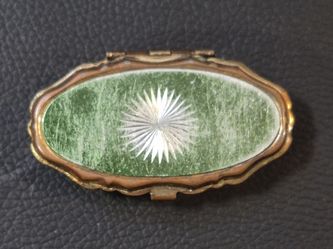 Small Gold And Green Vintage Antique Travel Pill Box 2.5" L X 1" W