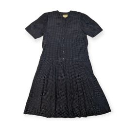 Linda Lundstrom Navy Blue White Polka Dot Drop Waist Dress 14 Woman