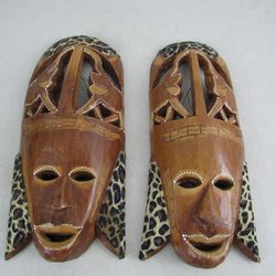 Pair Of Vintage African Hand Carved Wooden Tribal Masks Wall Art 12"
