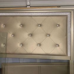 Queen Size Golden Upholstered Bed Frame with Diamond Accents with Matching Dresser