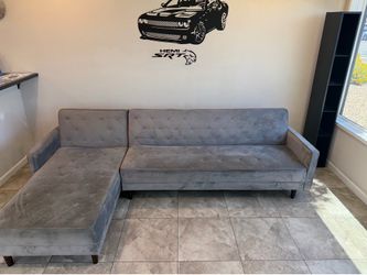 L shape, purple suede couches