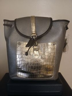 Metallic Bucket Bag with Croc-Embossed Pocket