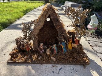 Vintage Italian Nativity Set Stable Creche Cork and Moss Covered