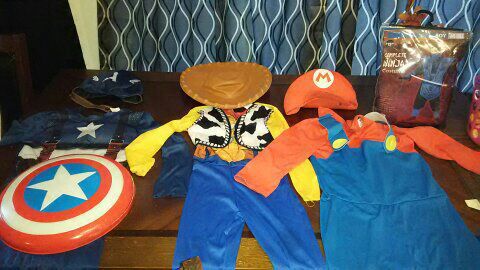 Halloween costumes (Captain America, Woody, Mario, Blue Ninja