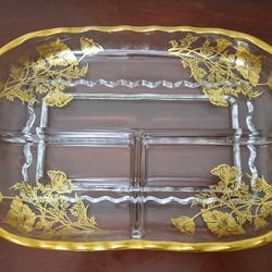 Beautiful Vintage Clear Glass 3-Part Large Serving Tray with Gold Overlay