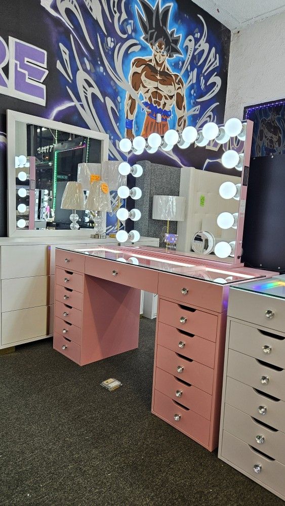 Black Friday Sale Vanity 13 Drawers XL W Hollywood Mirror Bluetooth & LED Light On Desk $1180