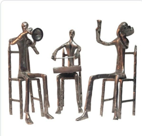 metal sculpture trio of brutalist musician figures 8"