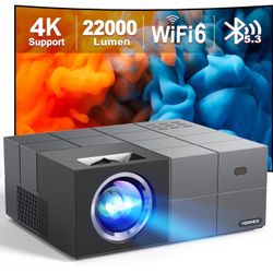 4K Projector with WiFi 6 and Bluetooth 5.3, 22000L Smart Movie Projector, Outdoor Phone Video Projector with 100" Screen, 50% Zoom/450" Display, Compa
