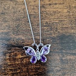 Amethyst Butterfly Silver Necklace 