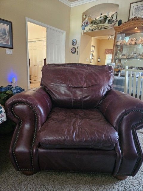 Nature Wood Leather Chair And Ottoman