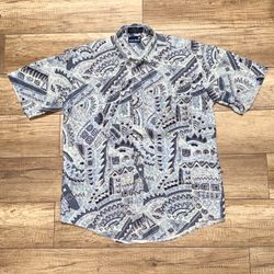 Vintage 90s Stanley Blacker Aztec Symbols Print Rare Button Up Shirt Mens M