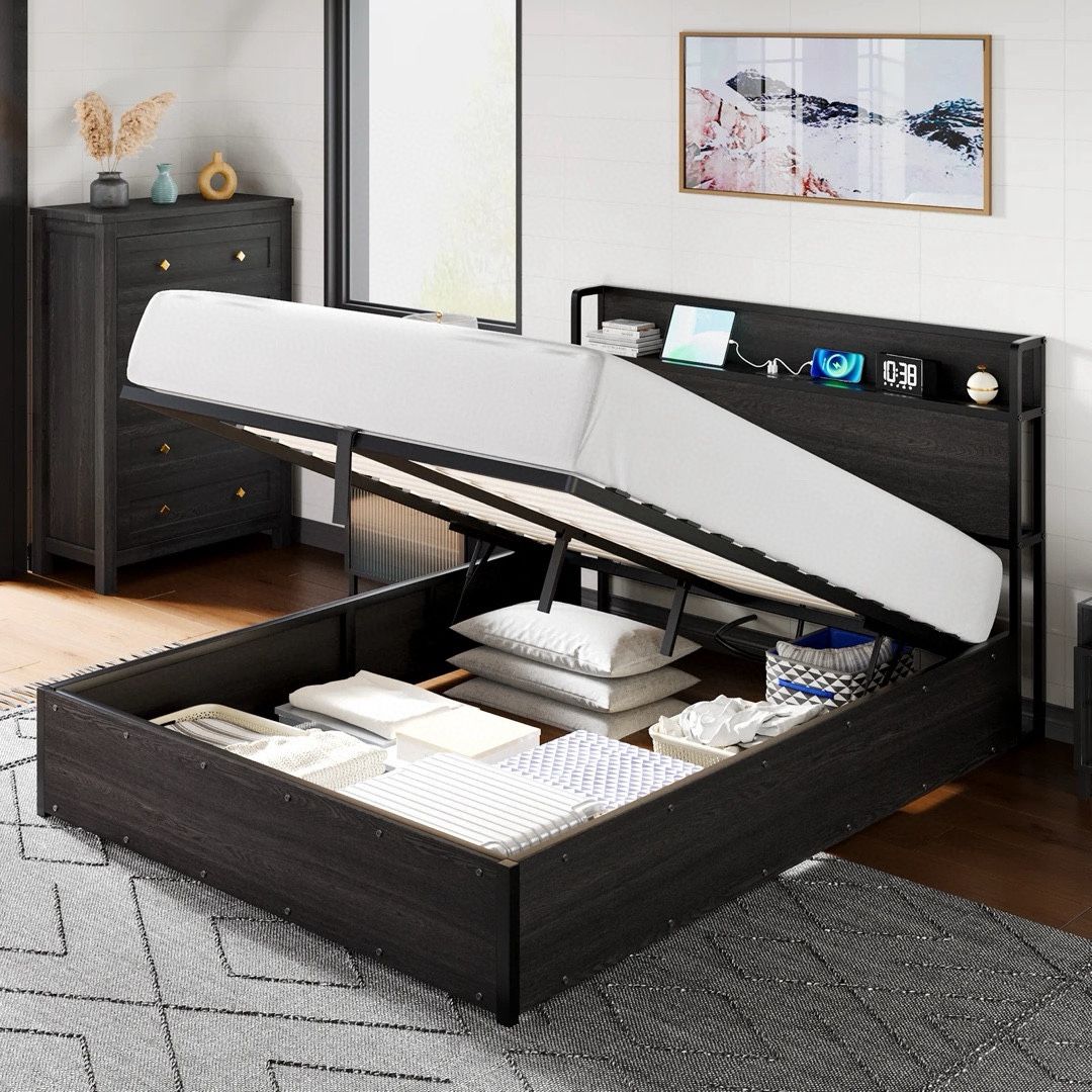 Queen Size Lift Up Storage Bed Frame, Wooden Platform Bed Frame with Lifting Storage & Charging Station
