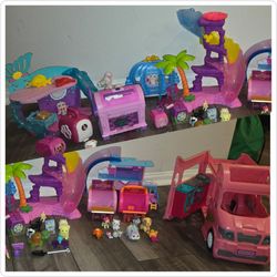 Large Toy Lot with Barbie Camper, Little People Carriage, and Shopkins Playsets