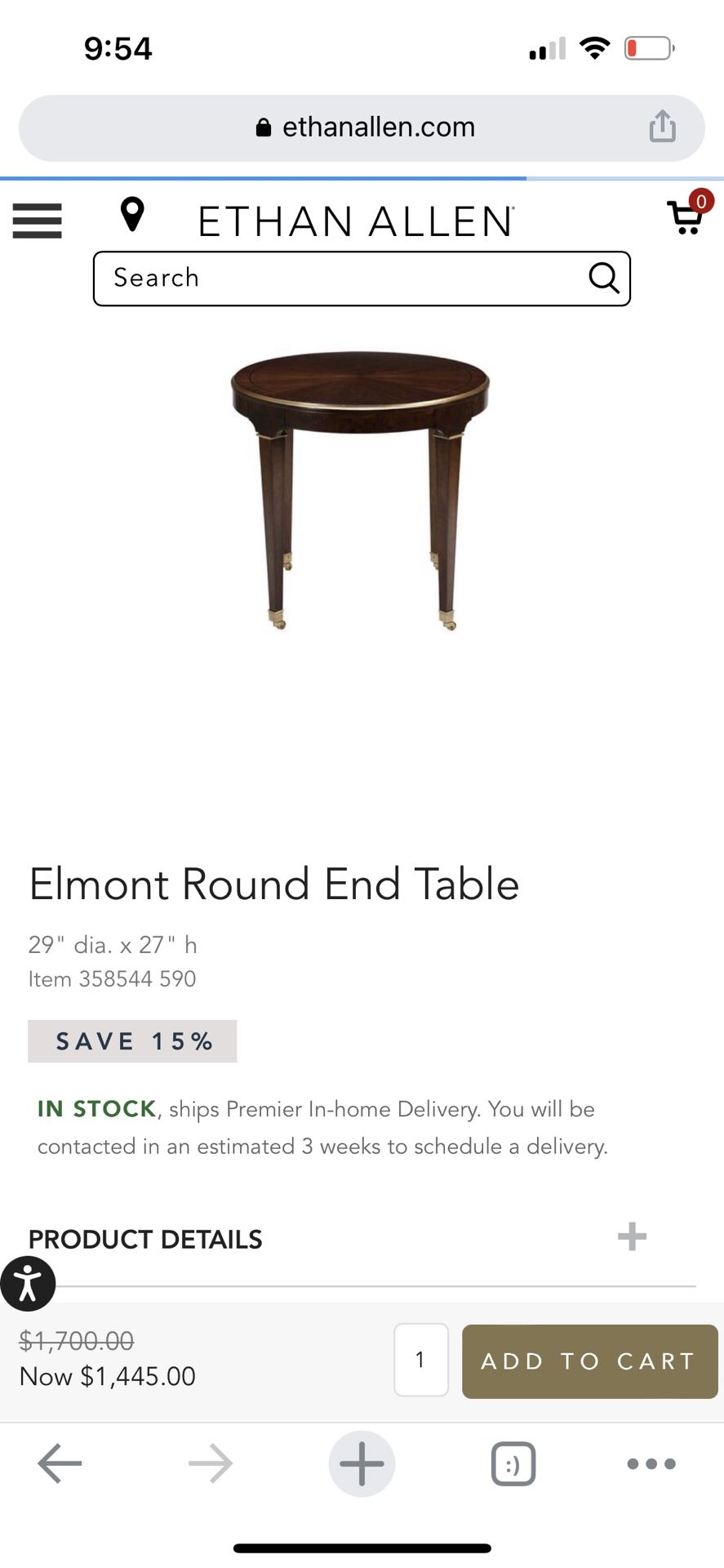 Ethan Allen End Table diameter 26‘ In Black Color
