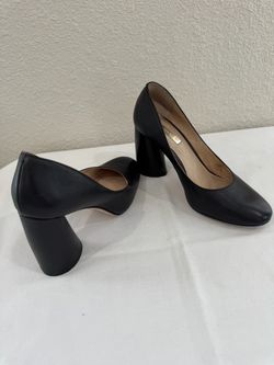 Black Leather Block Heel Pumps