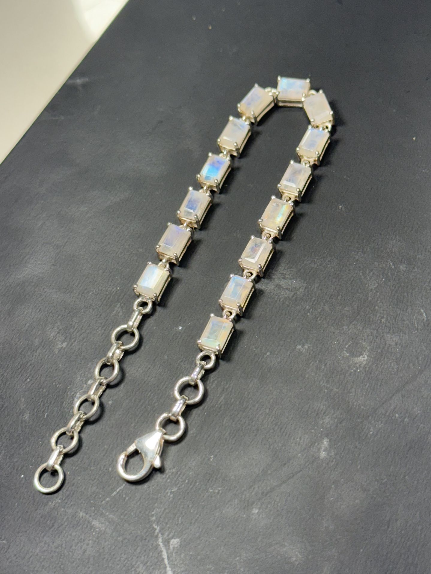 Handmade 925 Sterling Silver Rainbow Moonstone Bracelet 8.2” Adjustable