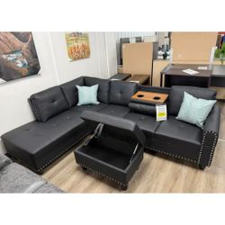 Black Faux Leather Synthetic Leather 3-Piece Sofa Set