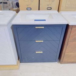 Brand New Bathroom Vanity “30” in Navy Blue with 3 modern drawers and Marble Top in White $499 