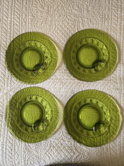 Vintage Indiana Glass Kings Crown Thumbprint snack plates in avocado green