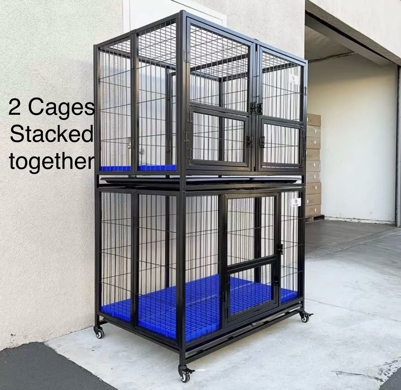 50” Stackable Dog Kennel, Easy Folds Drop Cage With Divier for Dog , Blue Floor Grid