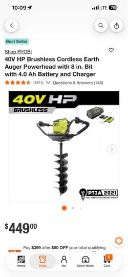 40V HP Brushless Cordless Earth Auger Powerhead with 8 in. Bit with 4.0 Ah Battery and Charger