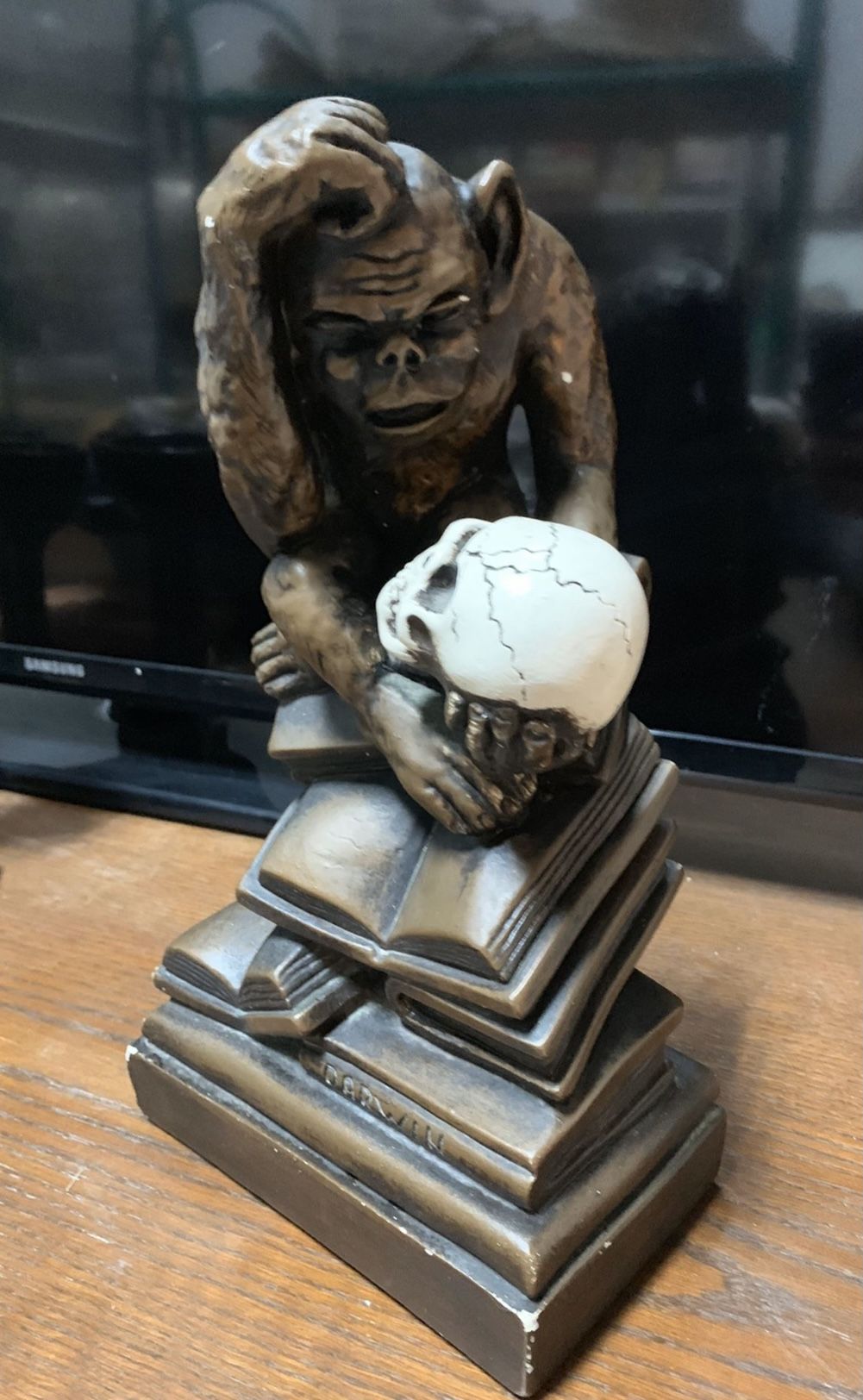 Vintage Bronze Colored Darwin Monkey On Books w/Skull Chalkware Statue THE "DARWIN" AUSTIN PRODUCTION 1962 MODEL. Marwal Ind. inc.