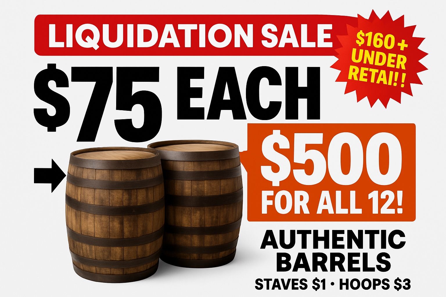 AUTHENTIC Jack Daniels & Barbados Rum Barrels LIQUIDATION - $75 Each or $500 for ALL 12! - $160+ UNDER RETAIL