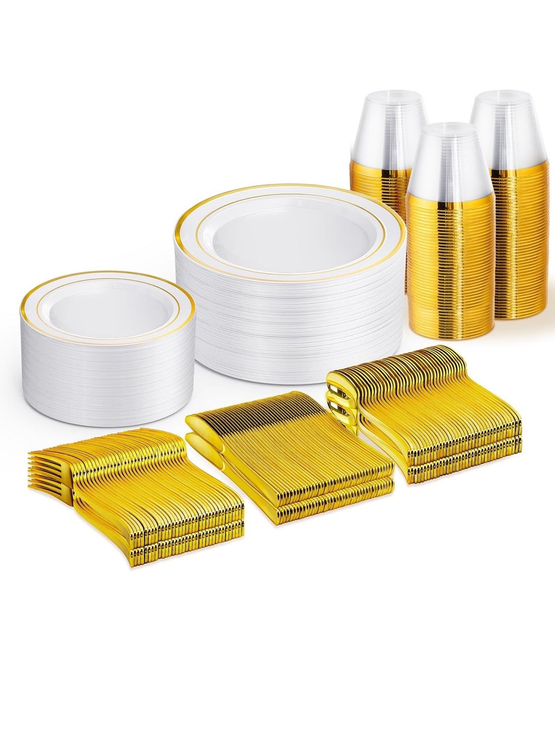 300 PCS Gold Dinnerware Set for 50 Guests, Gold and White Disposable Plastic Plates for Party, 50 Dinner Plates, 50 Salad Plates, 50 Cups Forks Knives