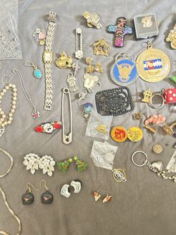 Some Old Jewelry- A Few Pairs Of Earrings A Couple Of Necklaces, Pins, Etc