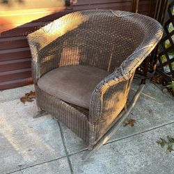 Wicker Rocking Chair With Leather Seat - Antique All Original 
