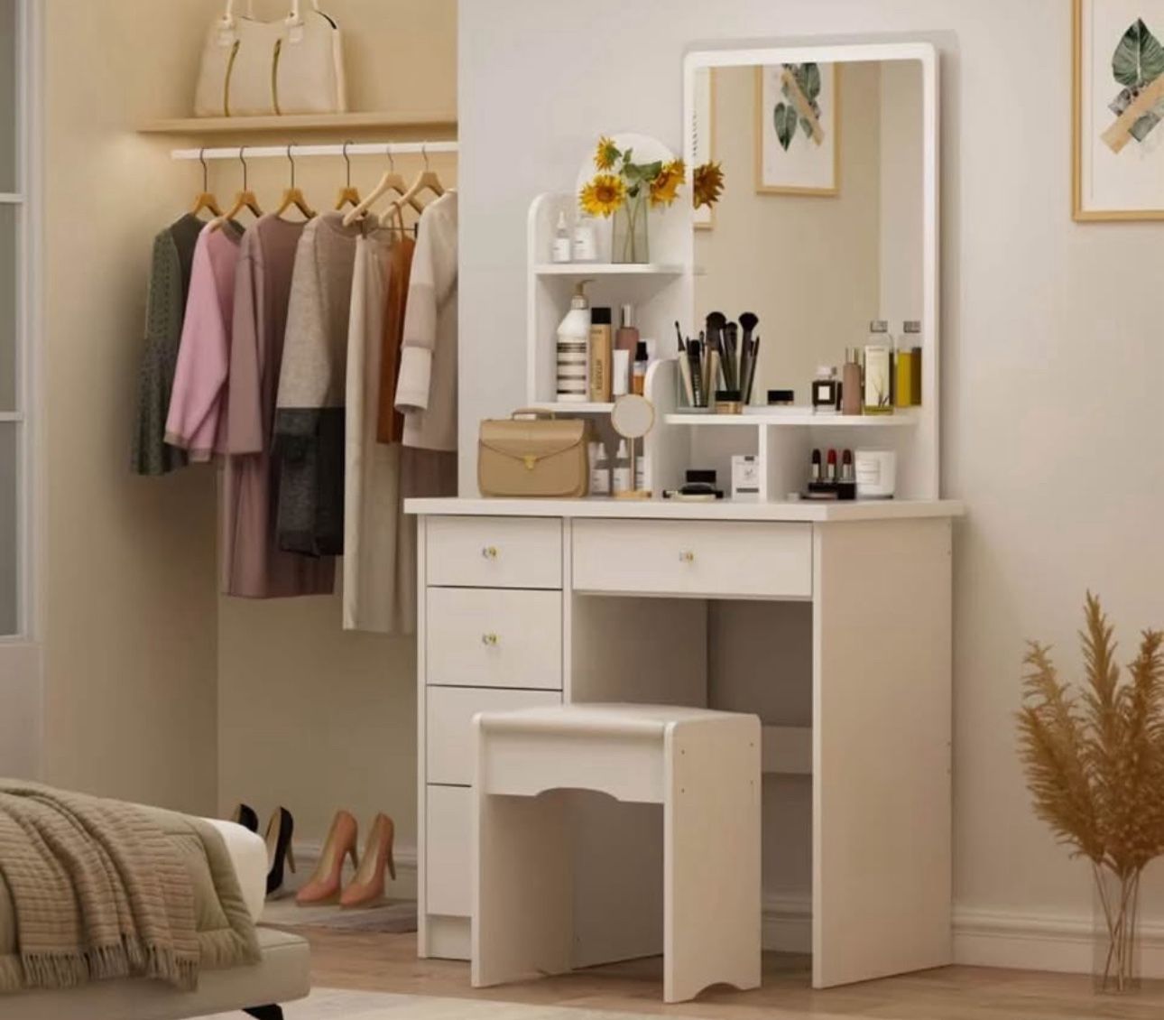 Elegant Vanity Desk + Large Mirror+ 5 Drawers + Storage Shelves+ Cushioned Stool
