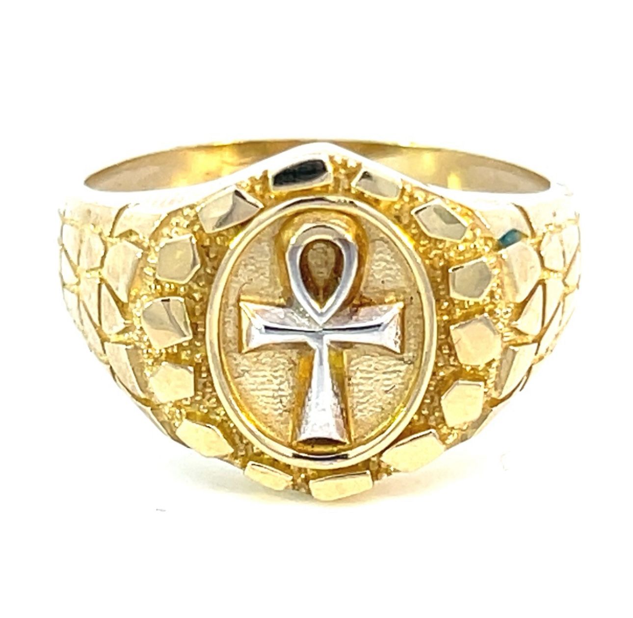 Men’s Egyptian Cross Nugget 10k Two Toned Yellow Gold Ring GP3101947
