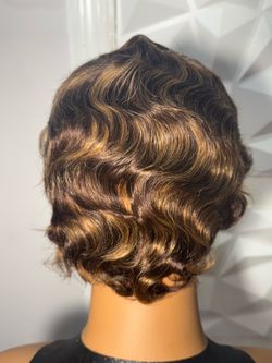 100% Human Hair Brown Highlight Pixie Cut Wig Glueless Finger Wave Style