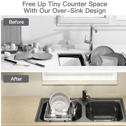Dish Drying Rack Over The Sink, Expandable Stainless Steel Dish Drainer for Small Kitchen Counter Space Saving, RV Compact Plate Strain