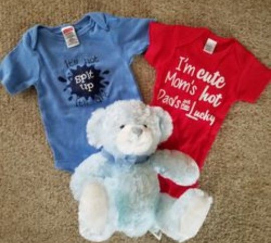 New Baby onesies and Stuffed Blue bear