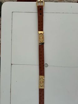 El General Men's Exotic Ostrich Leather Western Belt with Gold Medusa Accents – Cognac Brown Size 36